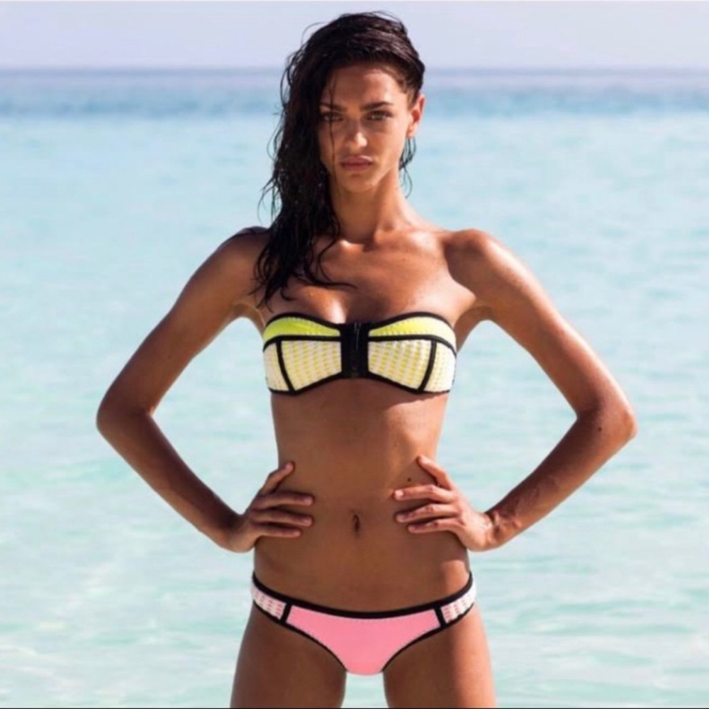 Pink and yello strapless triangl bikini